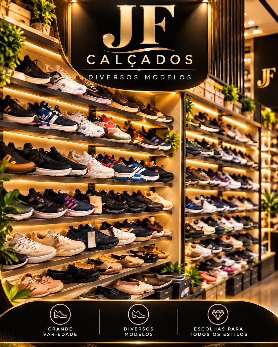 Arte da JF Calçados: diversos modelos de tênis e sapatos