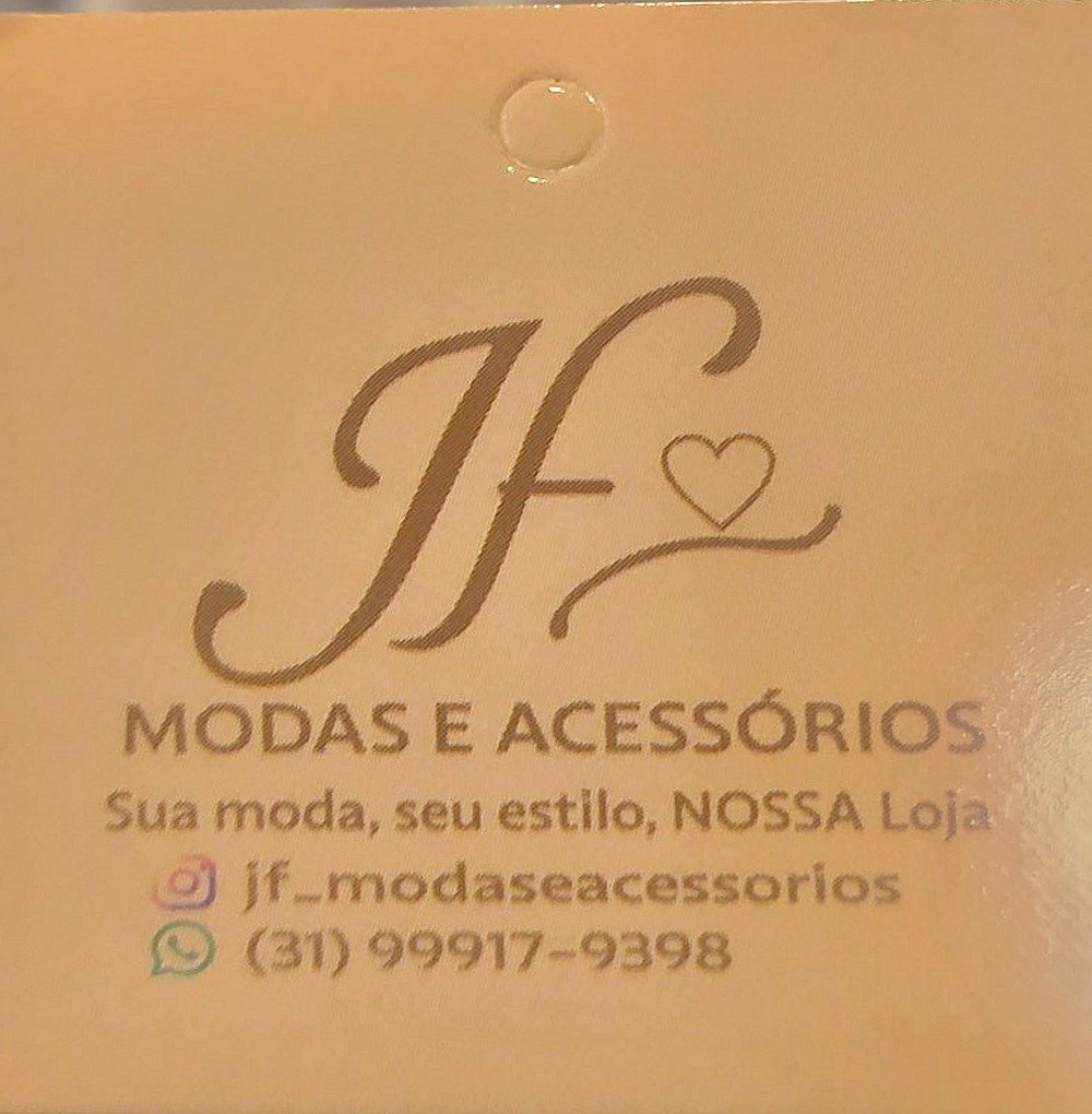 Etiqueta da JF Modas e Acessórios com o monograma JF e o lema Sua moda, seu estilo, NOSSA Loja